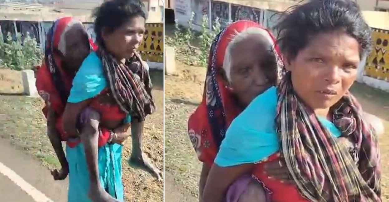 90 വയസ്സുള്ള ഭർതൃമാതാവിനെ തോളിലേറ്റി, 500 രൂപ പെൻഷനുവേണ്ടി കൊടുംചൂടിൽ കിലോമീറ്ററുകൾ നടന്ന് സ്ത്രീ